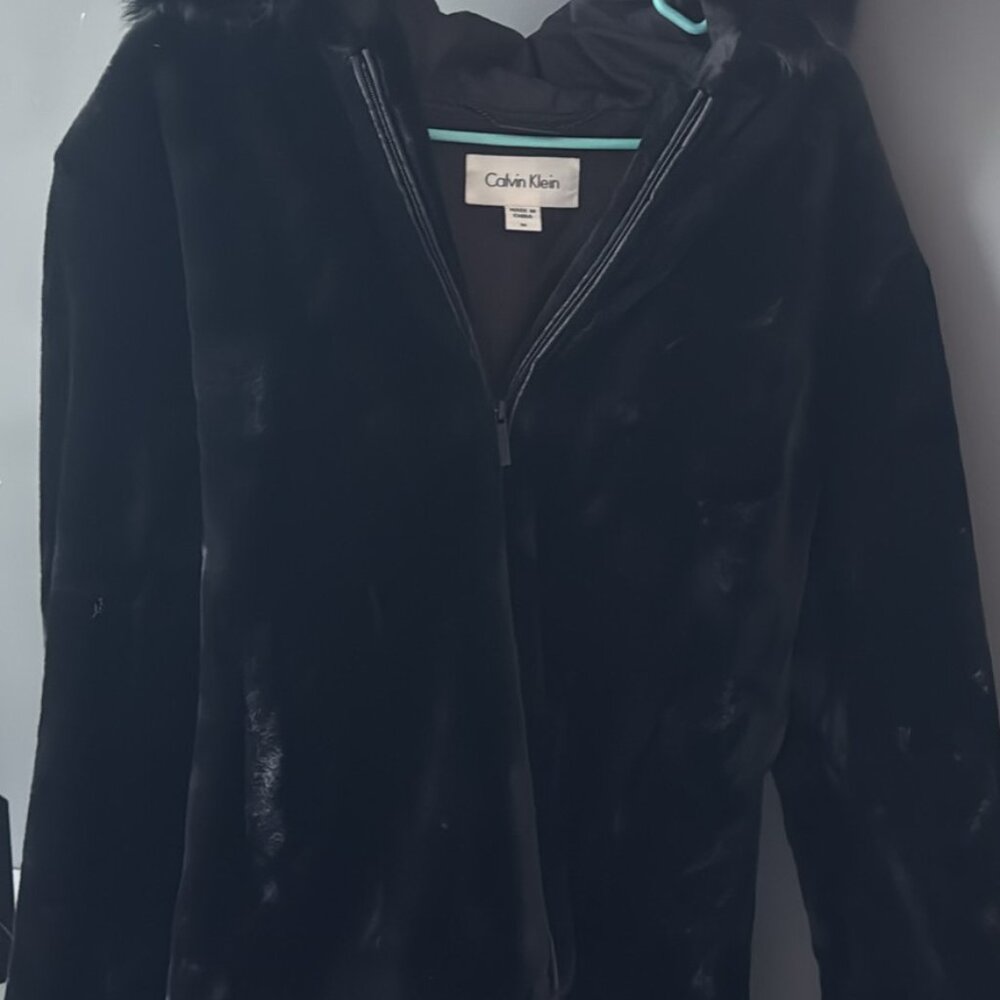 Calvin Klein Black Faux Fur Coat with Hood Size M